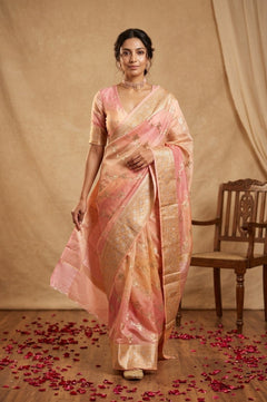 Ganga Ghat ~ Banarasi Pure Raw Silk Saree with Ornate Gold Zari Border and Floral Weave Detail In Dual - Tone Blush Pink and Peach - verymuchindian.com