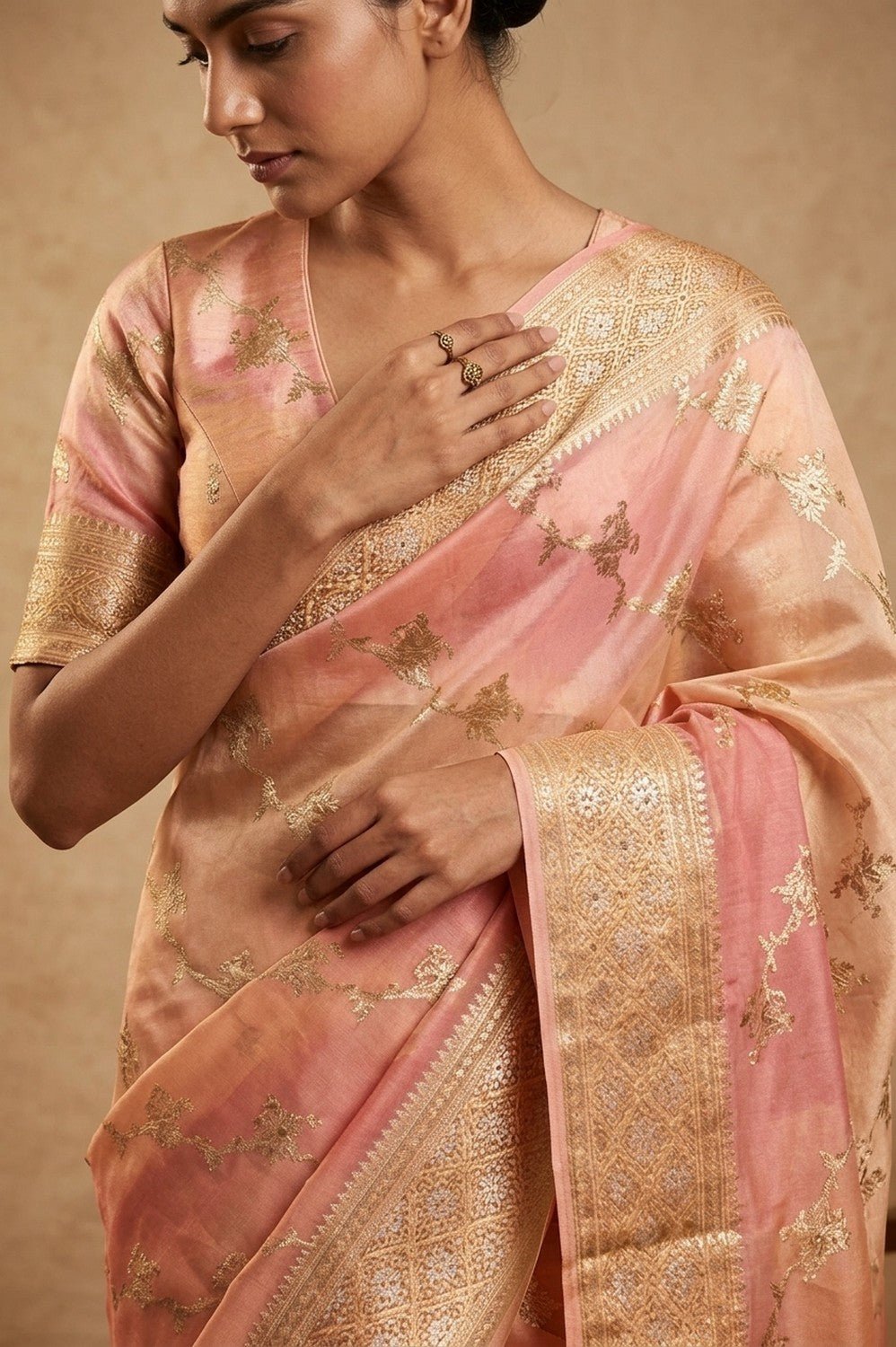 Ganga Ghat ~ Banarasi Pure Raw Silk Saree with Ornate Gold Zari Border and Floral Weave Detail In Dual - Tone Blush Pink and Peach - verymuchindian.com