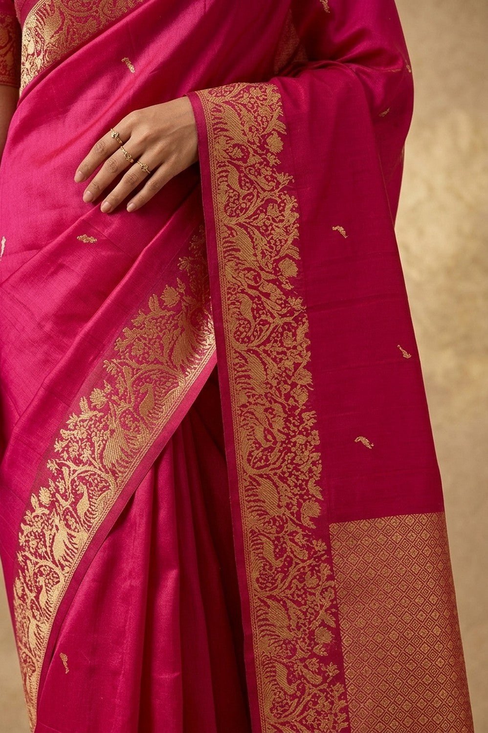 Ganga Ghat ~ Banarasi Pure Soft Silk Saree with Rich Gold Zari Border and Floral Bird Motifs In Rani Pink - verymuchindian.com