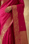 Ganga Ghat ~ Banarasi Pure Soft Silk Saree with Rich Gold Zari Border and Floral Bird Motifs In Rani Pink - verymuchindian.com