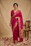 Ganga Ghat ~ Banarasi Pure Soft Silk Saree with Rich Gold Zari Border and Floral Bird Motifs In Rani Pink - verymuchindian.com