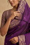 Ganga Ghat ~ Banarasi Pure Soft Silk Saree with Rich Gold Zari Border and Floral Bird Motifs In Royal Purple - verymuchindian.com