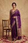 Ganga Ghat ~ Banarasi Pure Soft Silk Saree with Rich Gold Zari Border and Floral Bird Motifs In Royal Purple - verymuchindian.com
