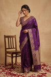 Ganga Ghat ~ Banarasi Pure Soft Silk Saree with Rich Gold Zari Border and Floral Bird Motifs In Royal Purple - verymuchindian.com