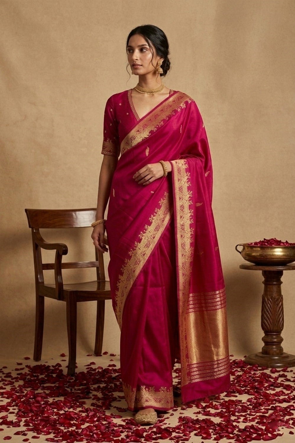 Ganga Ghat ~ Banarasi Pure Soft Silk Saree with Traditional Gold Zari Border and Pallu Detail Magenta Pink - verymuchindian.com