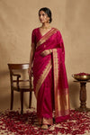 Ganga Ghat ~ Banarasi Pure Soft Silk Saree with Traditional Gold Zari Border and Pallu Detail Magenta Pink - verymuchindian.com