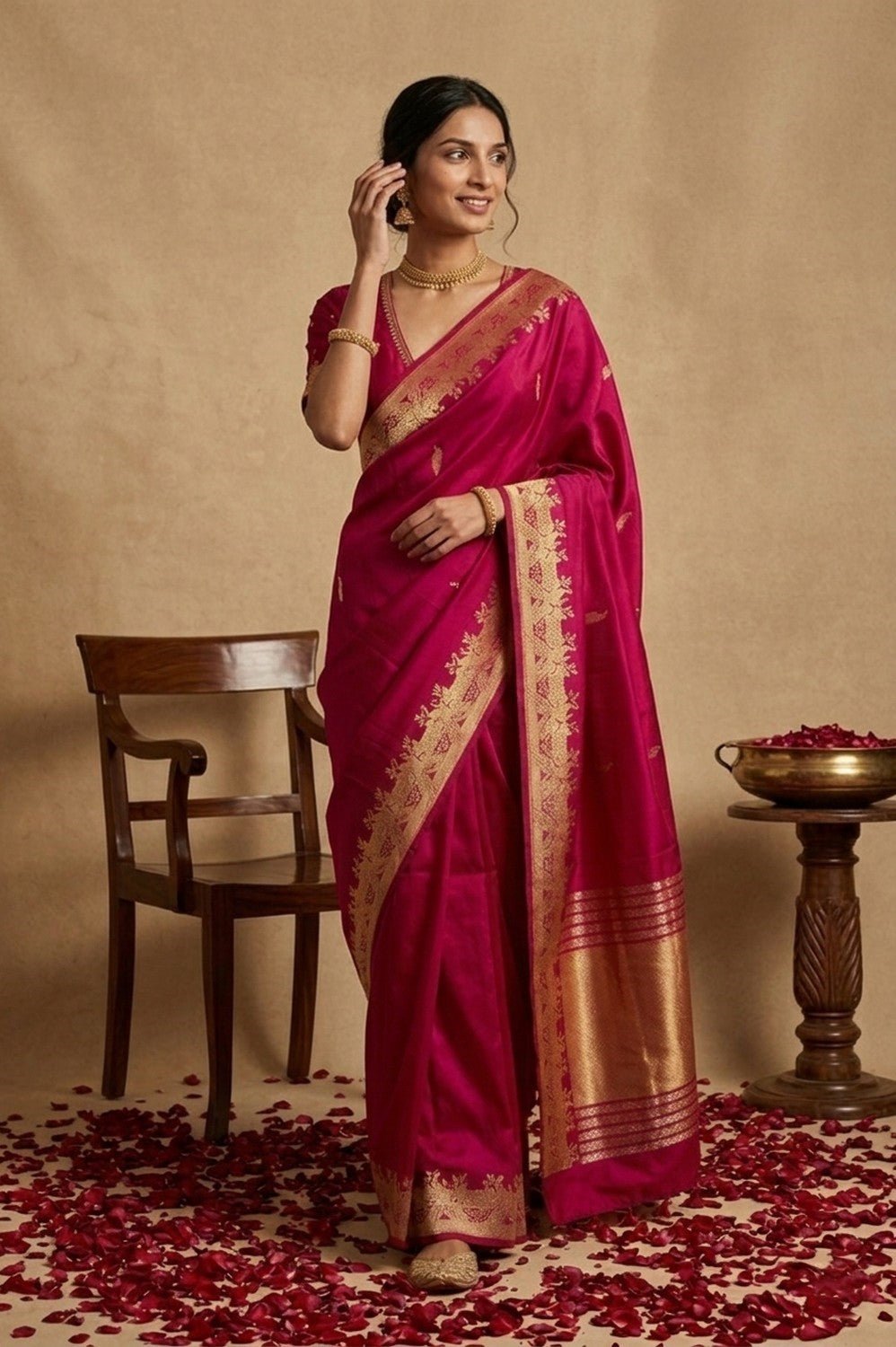 Ganga Ghat ~ Banarasi Pure Soft Silk Saree with Traditional Gold Zari Border and Pallu Detail Magenta Pink - verymuchindian.com