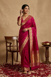 Ganga Ghat ~ Banarasi Pure Soft Silk Saree with Traditional Gold Zari Border and Pallu Detail Magenta Pink - verymuchindian.com