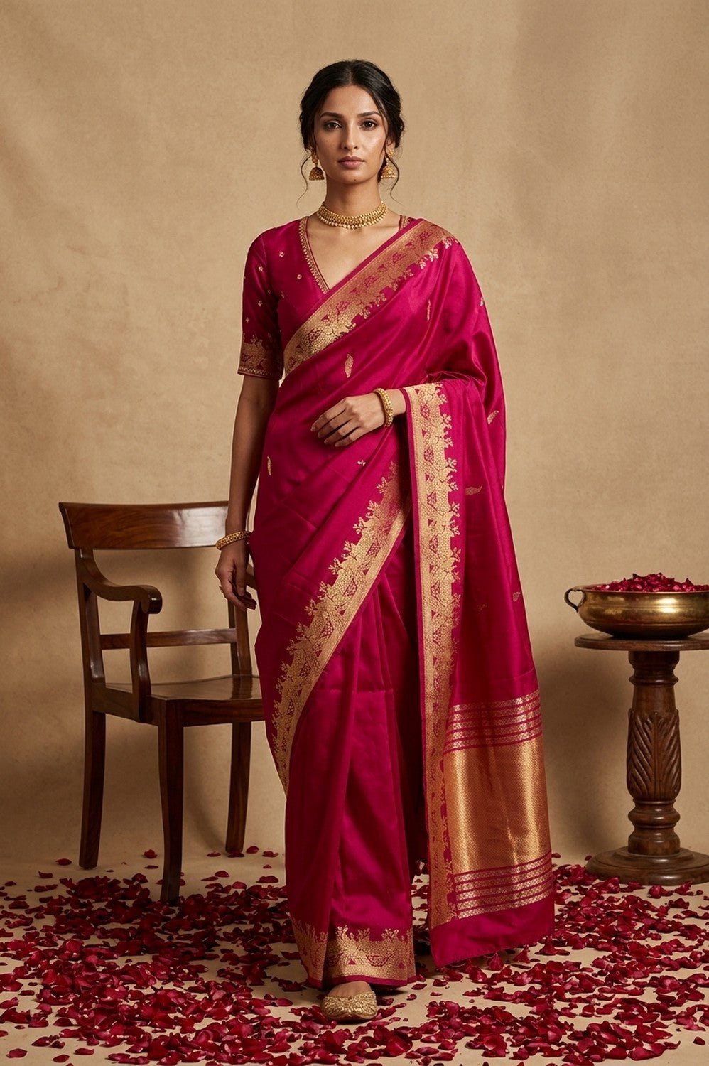 Ganga Ghat ~ Banarasi Pure Soft Silk Saree with Traditional Gold Zari Border and Pallu Detail Magenta Pink - verymuchindian.com