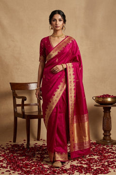 Ganga Ghat ~ Banarasi Pure Soft Silk Saree with Traditional Gold Zari Border and Pallu Detail Magenta Pink - verymuchindian.com