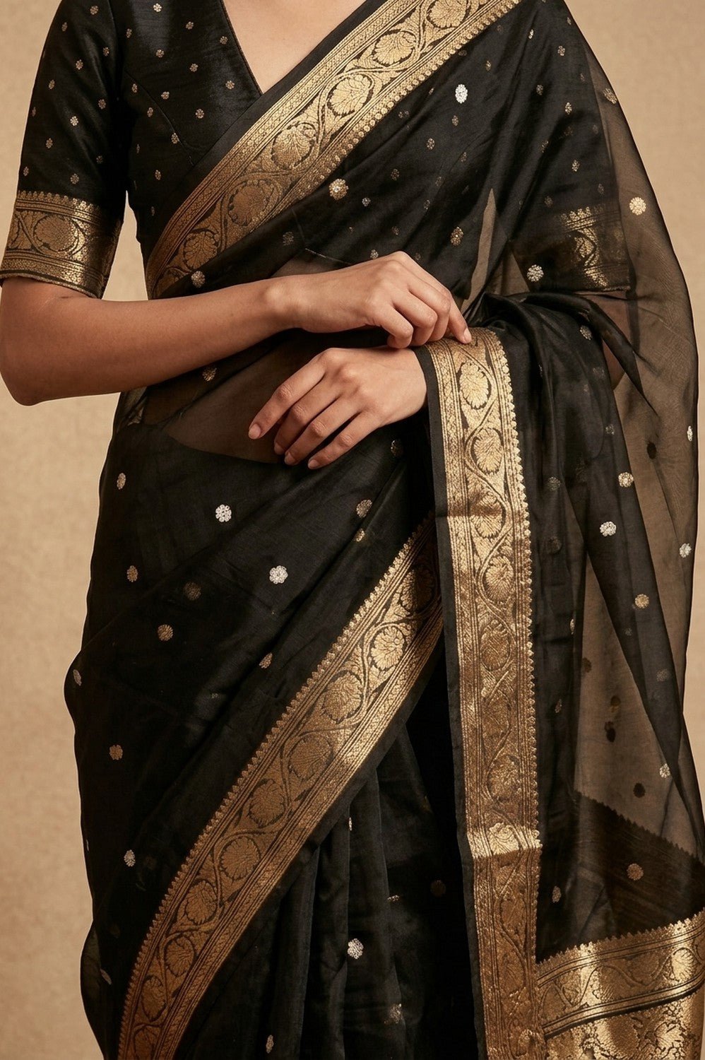 Ganga Ghat ~ Banarasi Pure Tissue Silk Saree In Black With with Rich Lachha Border - verymuchindian.com
