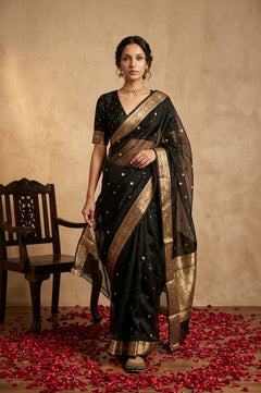 Ganga Ghat ~ Banarasi Pure Tissue Silk Saree In Black With with Rich Lachha Border - verymuchindian.com