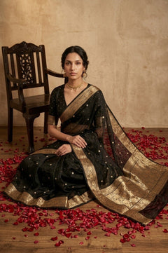 Ganga Ghat ~ Banarasi Pure Tissue Silk Saree In Black With with Rich Lachha Border - verymuchindian.com