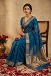 Ganga Ghat ~ Banarasi Pure Tissue Silk Saree In Turquoise Blue With with Rich Lachha Border - verymuchindian.com