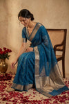 Ganga Ghat ~ Banarasi Pure Tissue Silk Saree In Turquoise Blue With with Rich Lachha Border - verymuchindian.com