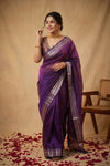 Ganga Ghat ~ Banarasi Pure Tissue Silk Saree with Traditional Silver Zari Border and Pallu Detail In Deep Purple - verymuchindian.com