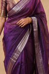 Ganga Ghat ~ Banarasi Pure Tissue Silk Saree with Traditional Silver Zari Border and Pallu Detail In Deep Purple - verymuchindian.com