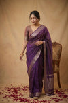 Ganga Ghat ~ Banarasi Pure Tissue Silk Saree with Traditional Silver Zari Border and Pallu Detail In Deep Purple - verymuchindian.com