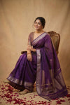 Ganga Ghat ~ Banarasi Pure Tissue Silk Saree with Traditional Silver Zari Border and Pallu Detail In Deep Purple - verymuchindian.com