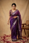 Ganga Ghat ~ Banarasi Pure Tissue Silk Saree with Traditional Silver Zari Border and Pallu Detail In Deep Purple - verymuchindian.com