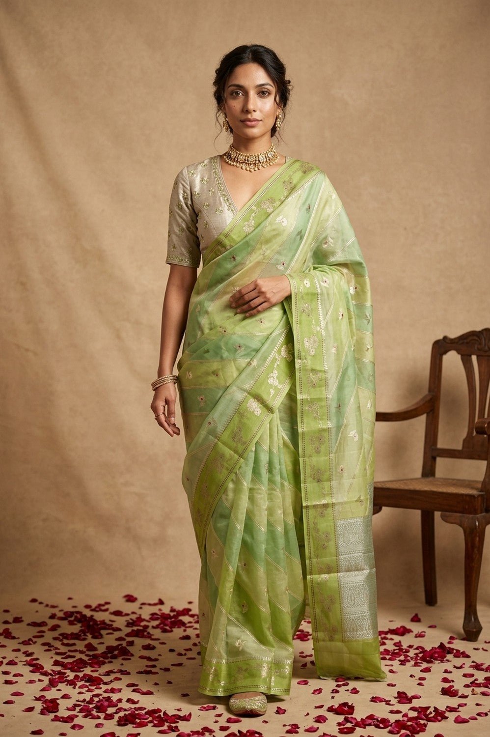 Ganga Ghat ~ Banarasi PureRaw Silk Saree with Silver Zari Stripes and Delicate Floral In Dual - Tone Lime Green - verymuchindian.com