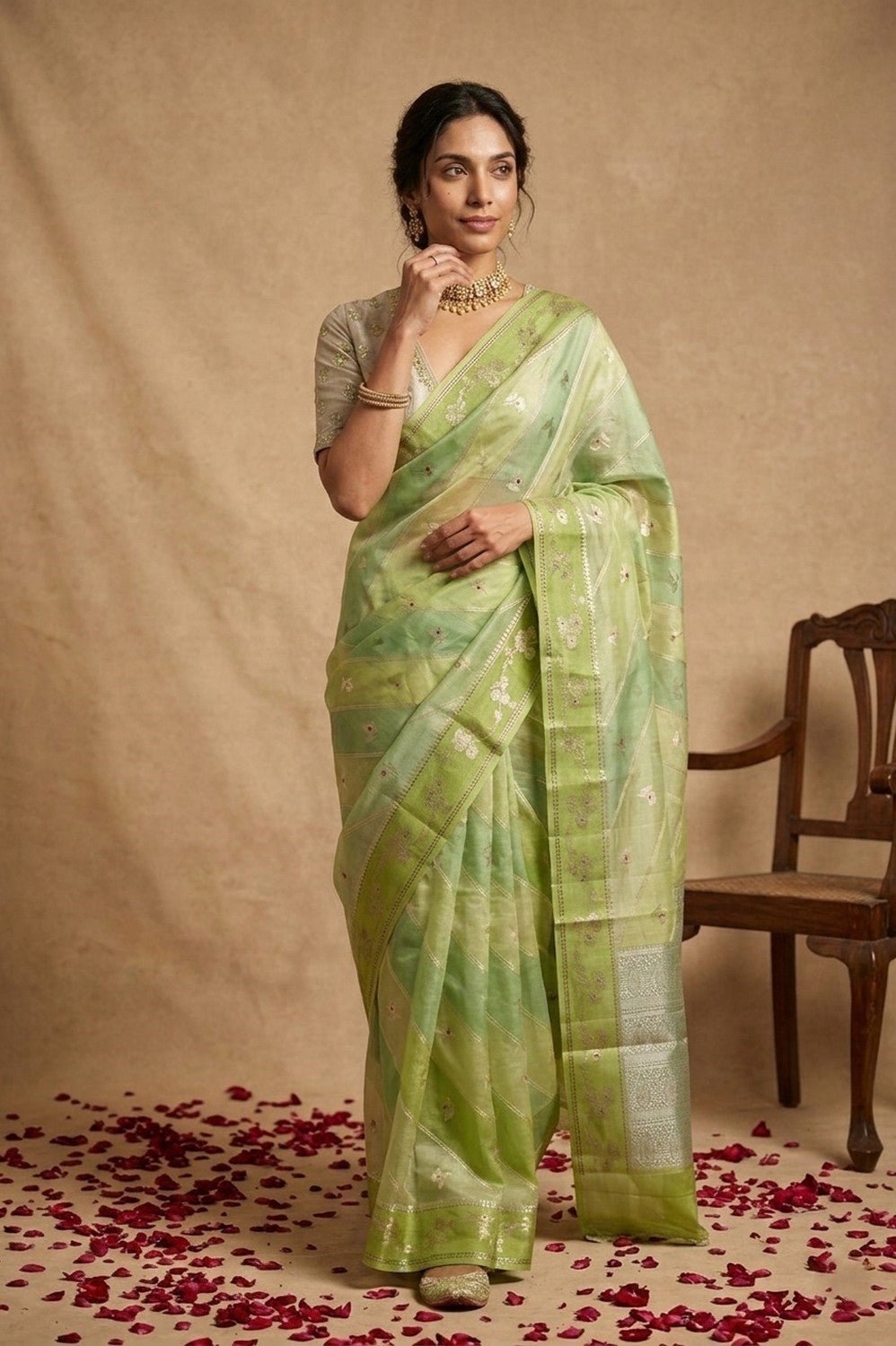 Ganga Ghat ~ Banarasi PureRaw Silk Saree with Silver Zari Stripes and Delicate Floral In Dual - Tone Lime Green - verymuchindian.com