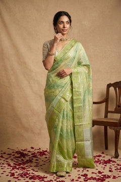 Ganga Ghat ~ Banarasi PureRaw Silk Saree with Silver Zari Stripes and Delicate Floral In Dual - Tone Lime Green - verymuchindian.com
