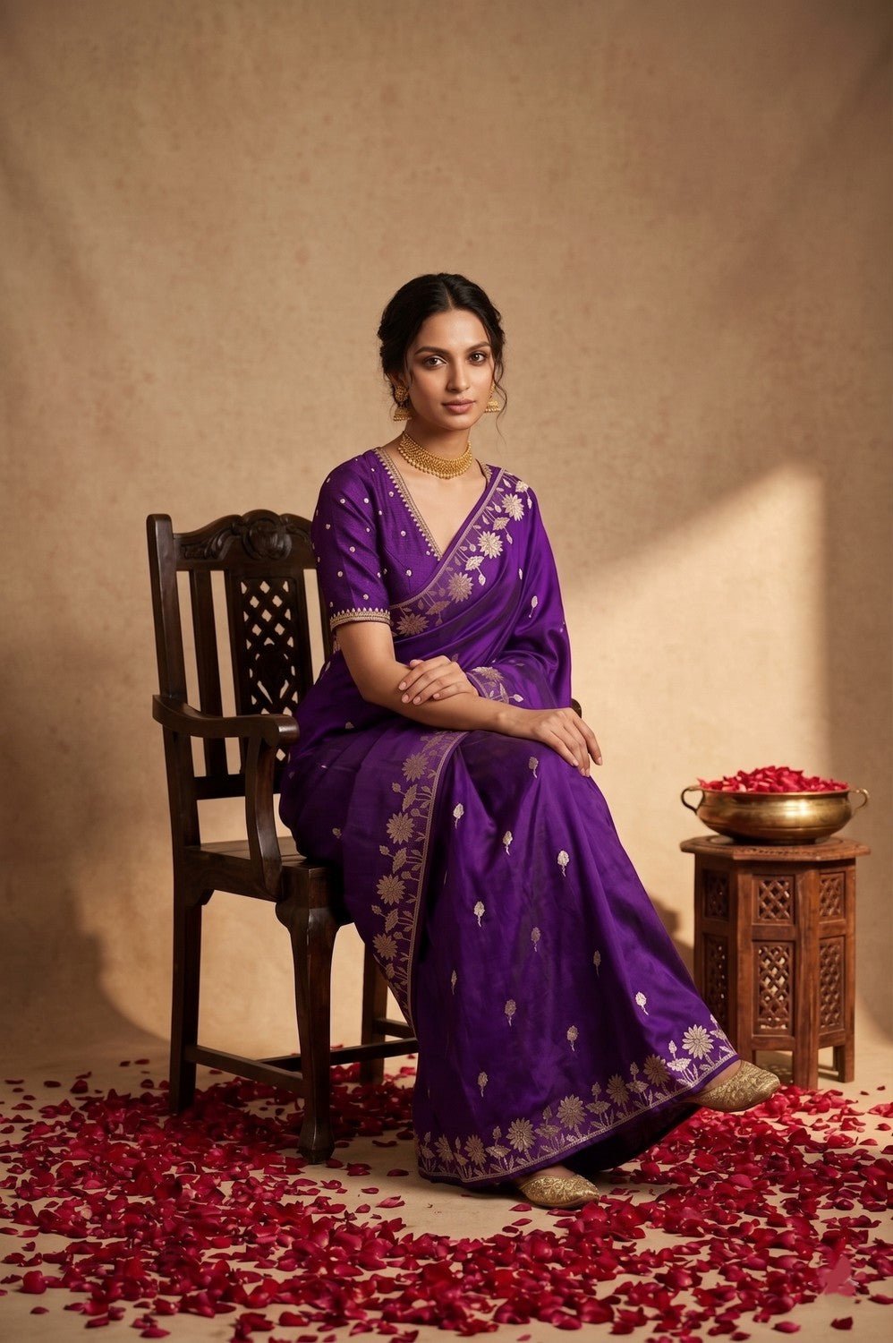 Ganga Ghat ~ Banrasi Handwoven Pure Katan Silk Saree in Royal Purple - verymuchindian.com