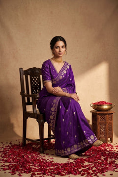 Ganga Ghat ~ Banrasi Handwoven Pure Katan Silk Saree in Royal Purple - verymuchindian.com