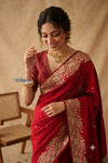 Ganga Ghat ~ Handloom Pure Silk Katan Saree in Red Gold (Silk Mark Certified) - verymuchindian.com