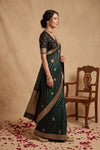 Ganga Ghat ~ Handwoven Banarasi Pure Organza Silk Saree In Emerald Green Leheriya Stripes - verymuchindian.com