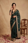 Ganga Ghat ~ Handwoven Banarasi Pure Organza Silk Saree In Emerald Green Leheriya Stripes - verymuchindian.com