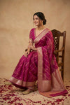 Ganga Ghat ~ Handwoven Banarasi Pure Organza Silk Saree In Rani Pink Leheriya Stripes - verymuchindian.com