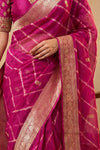 Ganga Ghat ~ Handwoven Banarasi Pure Organza Silk Saree In Rani Pink Leheriya Stripes - verymuchindian.com