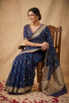 Ganga Ghat ~ Handwoven Banarasi Pure Organza Silk Saree In Royal Blue Leheriya Stripes - verymuchindian.com