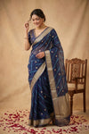 Ganga Ghat ~ Handwoven Banarasi Pure Organza Silk Saree In Royal Blue Leheriya Stripes - verymuchindian.com