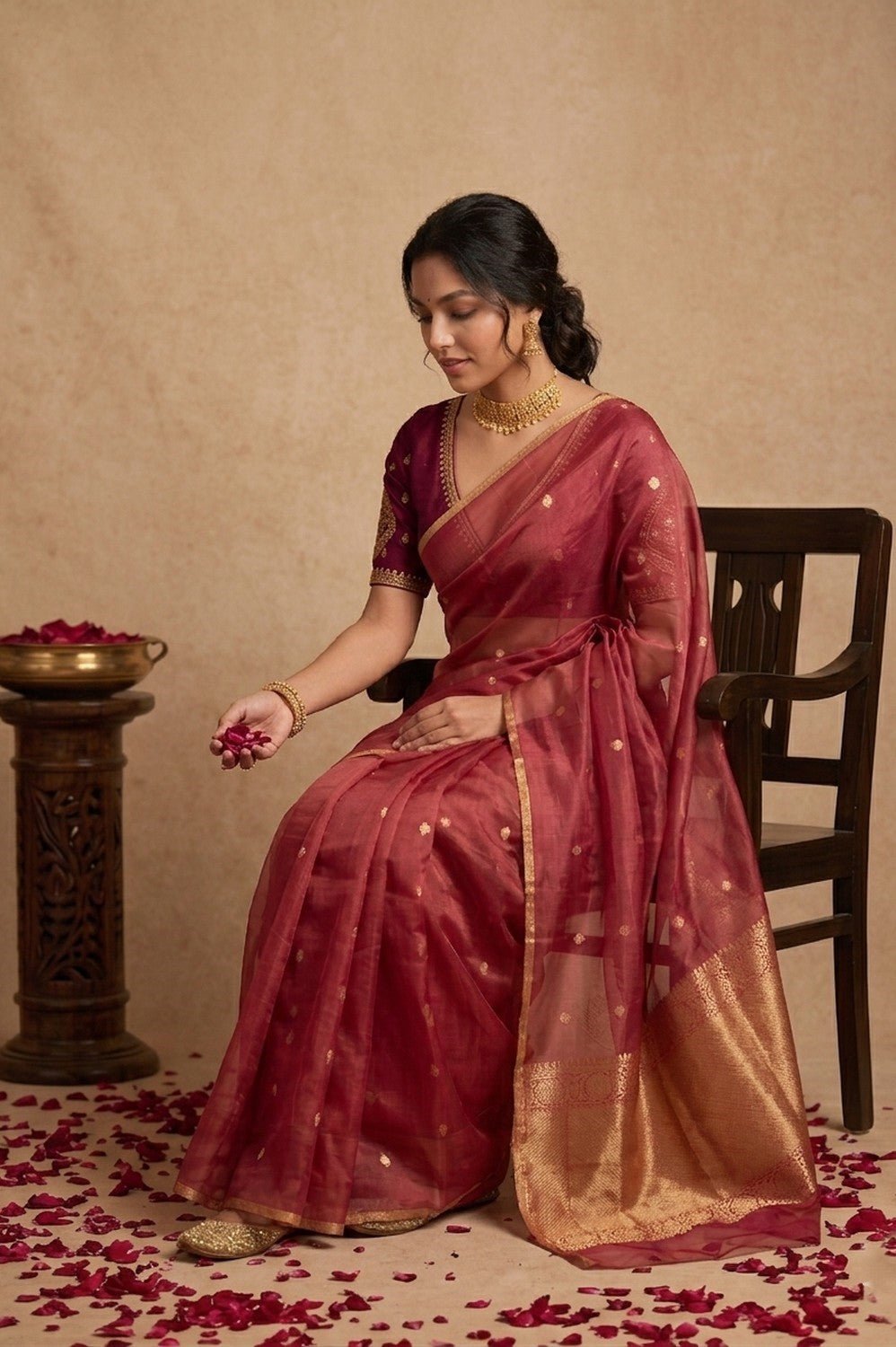 Ganga Ghat ~ Handwoven Banarasi Tissue Silk Saree In Dual Tone Pink - verymuchindian.com