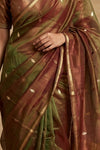 Ganga Ghat ~ Handwoven Banarasi Tissue Silk Saree In Dual Tone Red Green - verymuchindian.com