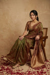 Ganga Ghat ~ Handwoven Banarasi Tissue Silk Saree In Dual Tone Red Green - verymuchindian.com