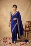 Ganga Ghat ~ Handwoven Pure Banarasi Katan Silk Saree In Blue - verymuchindian.com