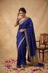Ganga Ghat ~ Handwoven Pure Banarasi Katan Silk Saree In Blue - verymuchindian.com