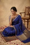 Ganga Ghat ~ Handwoven Pure Banarasi Katan Silk Saree In Blue - verymuchindian.com