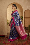 Ganga Ghat ~ Handwoven Pure Banarasi Katan Silk Saree In Blue and Pink - verymuchindian.com