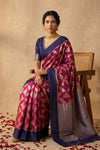Ganga Ghat ~ Handwoven Pure Banarasi Katan Silk Saree In Blue and Pink - verymuchindian.com