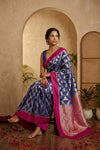 Ganga Ghat ~ Handwoven Pure Banarasi Katan Silk Saree In Blue and Pink - verymuchindian.com