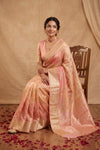 Ganga Ghat ~ Handwoven Pure Banarasi Katan Silk Saree In Peach & Pink Ombre - verymuchindian.com
