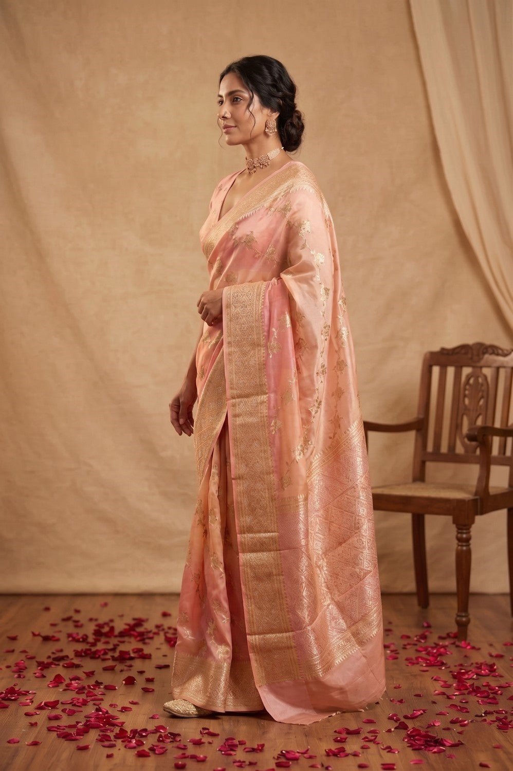 Ganga Ghat ~ Handwoven Pure Banarasi Katan Silk Saree In Peach & Pink Ombre - verymuchindian.com