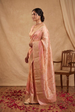 Ganga Ghat ~ Handwoven Pure Banarasi Katan Silk Saree In Peach & Pink Ombre - verymuchindian.com
