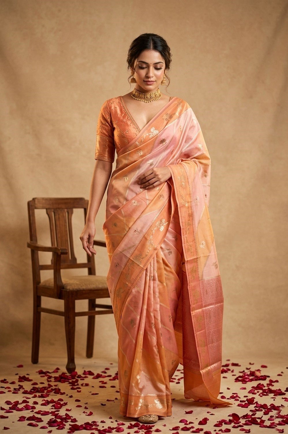 Ganga Ghat ~ Handwoven Pure Katan Silk Saree in Rangkath Sunset Peach & Amber Rangkaath saree - verymuchindian.com