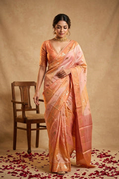 Ganga Ghat ~ Handwoven Pure Katan Silk Saree in Rangkath Sunset Peach & Amber Rangkaath saree - verymuchindian.com